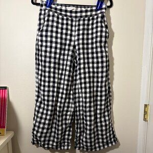 LOFT XS Linen Blend Gingham Cropped Wide Leg Pants Elastic Waist Casual